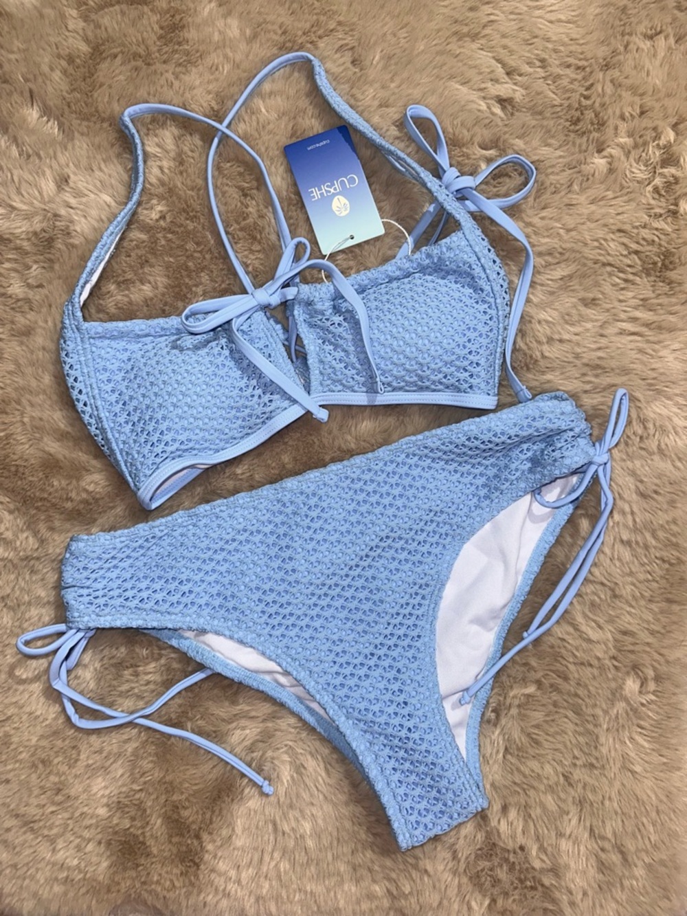 Cupshe Light Blue Crochet Tie Bikini Set